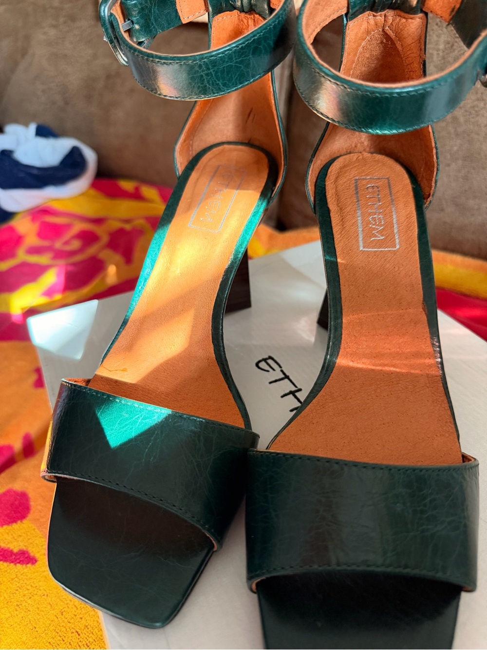 Green Leather Ankle-Strap Block Heel Sandals